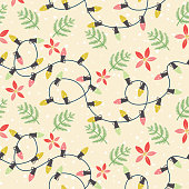 Seamless pattern of Hand Drawn Seasonal Christmas Elements with Holly and evergreens.