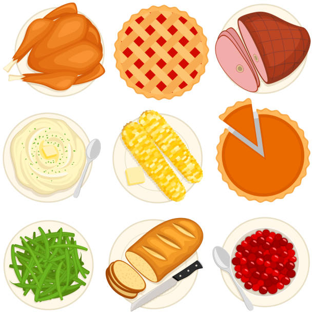 Seasonal Foods Vector illustration of nine seasonal/holiday Christmas/Thanskgiving-themed foods: a turkey, cherry pie, ham, mashed potatoes, corn, pumpkin pie, green beans, bread and cranberries. Each item is on its own layer, easily separated from the others in a program like Illustrator, etc. Illustration uses no gradients, only solid color. Includes AI10-compatible .eps format, along with a high-res .jpg. thanksgiving food stock illustrations