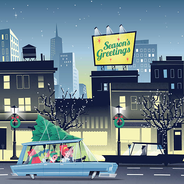 Seasonal spirit Season's greetings billboard with cityscape and retro family carrying natural fir tree on station wagon. File with transparencies, global colors. Large JPG included. christmas lights house stock illustrations
