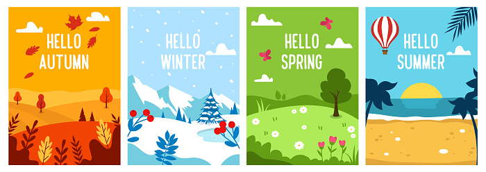 Seasons backgrounds. Autumn, Spring, Summer, Winter. Flat banners design template. A4. Vector