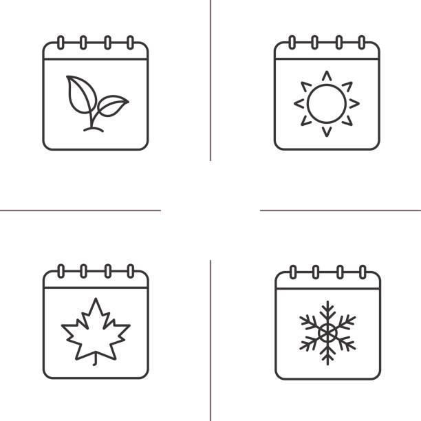 Seasons calendars icons Seasons calendar linear vector icons. Thin line. Calendars with maple leaf, plant, sun and snowflake season stock illustrations