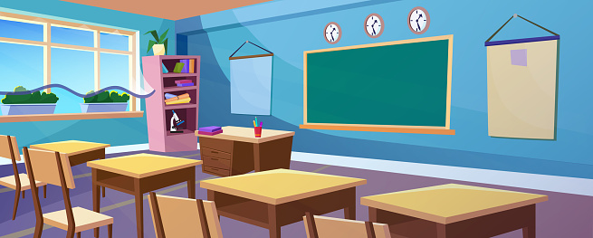 Secondary School Empty Classroom Panoramic Interior Cartoon Panorama