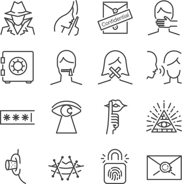 Secret and confidential vector line icon set. Included the icons as secret, lock, whisper, shut up and more. Secret and confidential vector line icon set. Included the icons as secret, lock, whisper, shut up and more. whispering stock illustrations