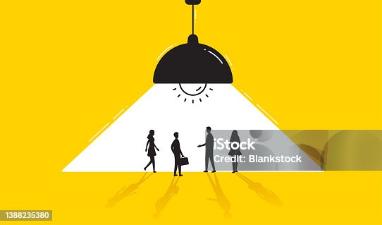 istock Secret business team meeting. People silhouettes under ceiling lamp light. Private confidential talk. Vector 1388235380