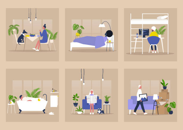 A section view of a residential building, people at their apartments, Stay home concept A section view of a residential building, people at their apartments, Stay home concept bed furniture designs stock illustrations