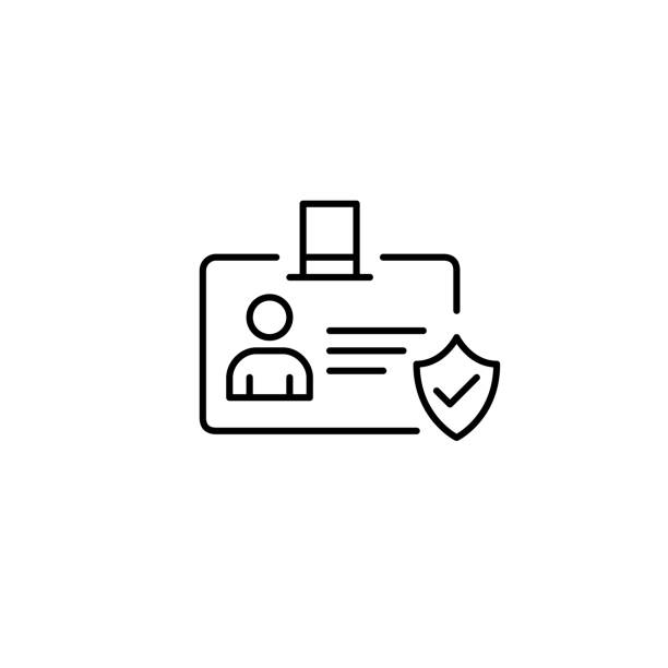 Secure account and verified profile icon. ID badge with checkmark on shield. vector art illustration