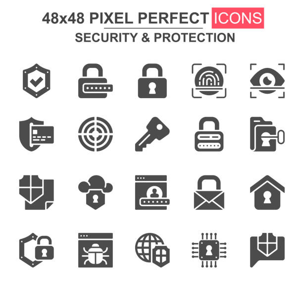 보안 및 보호 글리프 아이콘 세트입니다. 암호, 자물쇠, 지문, 망막 스캔, 방화벽, 버그, 방패 고유 아이콘. ui ux 설계를 위한 플랫 벡터 번들. 48x48 픽셀 완벽 - 보안 stock illustrations