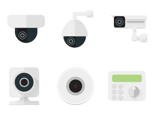 Security camera icons set. CCTV flat color simbols for a security and shops. Vector stock illustration Security camera icons set. CCTV flat color simbols for a security and shops. Various types of cameras for outdoor and home, dome, cabinet, PTZ, wifi. Surveillance video system for guard and police. home video camera illustrations stock illustrations