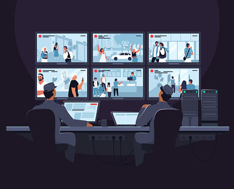 Security guard characters monitoring cctv video footage on computer screen, flat vector illustration. Security room.