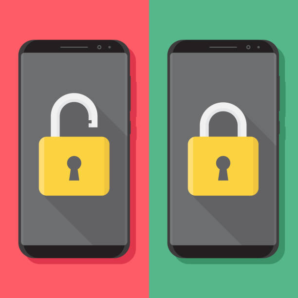 Security smartphone flat design vector illustration Unlock and lock smartphone, smartphone and padlock with a red and green background flat design vector illustration lock stock illustrations