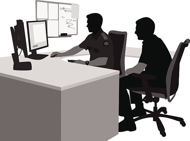 Security Team A vector silhouette illustration of two male security guards obversing computer monitors. computer silhouettes stock illustrations