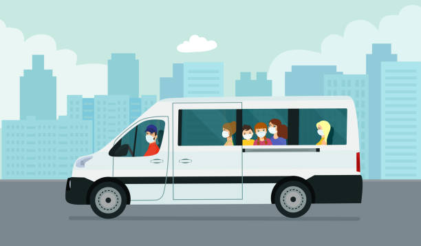 Sedan_electro_concept_city Van car with passengers against the background of an abstract cityscape. Vector flat style illustration. mini van stock illustrations