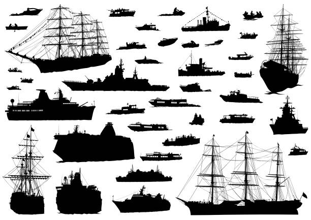 See boat on white Silhouette of retro ship on white background military ship stock illustrations