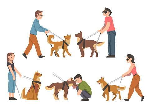 Seeing Eye Dog Guiding Blind People Set, Trained Animal Helping Disabled Person, Rehabilitation, Handicapped Accessibility Cartoon Vector Illustration