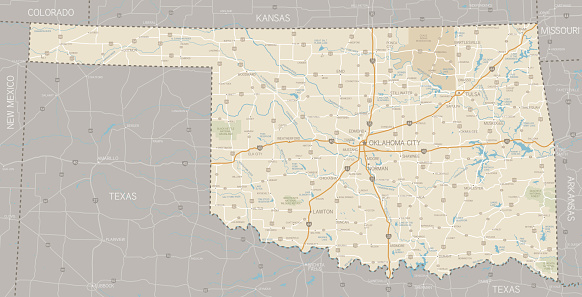 A segmented map of Oklahoma next to Texas