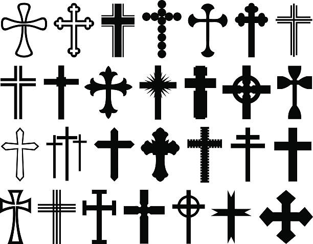 A selection of different size and shape crosses Set of different crosses isolated religious cross silhouettes stock illustrations