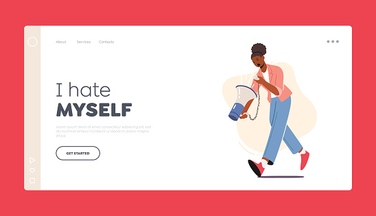 Self Anger Landing Page Template. Female Character Yelling on herself through Loudspeaker. Woman need Psychological Help, Mind Health Problem and Emotional Imbalance. Cartoon Vector Illustration