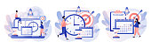 Self Discipline and Motivation concept. Tiny people which time management, self control system, self management, target, productivity.Modern flat cartoon style. Vector illustration