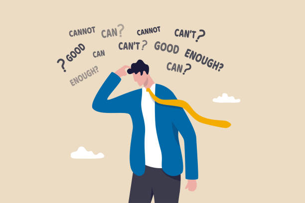 ilustrações de stock, clip art, desenhos animados e ícones de self doubt, imposter syndrome or personal incompetence, confusion or no confidence to make decision or not good enough thinking concept, self doubt businessman thinking if he can or cannot make it. - incerteza