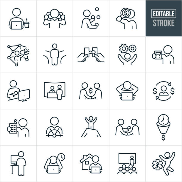 Self Employment Thin Line Icons - Editable Stroke A set of self-employment icons that include editable strokes or outlines using the EPS vector file. The icons include a self employed person working on laptop, person multi-tasking by talking with two phones, worker juggling, businessman with magnifying glass looking for funds, worker using social media, person at cross roads, worker putting two puzzle pieces together, worker with cogs, self employed person holding calculator, new mom working at computer, worker at trade show, worker making money, worker relaxing behind computer with hands behind head, self employed person at helm of ship, worker on top of mountain to represent success, self-employed person giving out business card, worker at stand up computer desk, overworked person, working from home, worker giving presentation, health benefits and other related icons. exhibition stock illustrations