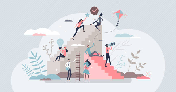 Self growth and personal development progress stages tiny person concept Self growth and personal development progress stages tiny person concept. Reaching for career goals and success vector illustration. Ambition ladders and potential accomplishment vision for future. attitude stock illustrations