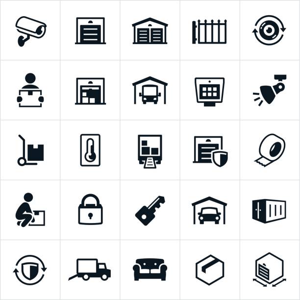 Self Storage Icons A set of self storage icons. The icons include storage units, security camera, surveillance, gate, boxes, furniture, RV storage, keypad, lights, security, climate control, lock, key, packing materials, moving materials, moving truck and storage locker to name a few. self storage stock illustrations