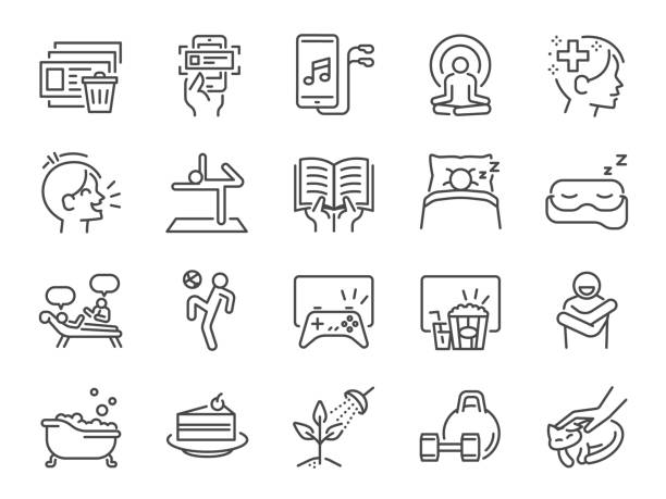 Self-care during self quarantine line icon set. Included icons as take care of your mind, enjoy, emotion, mental health, relax and more. Self-care during self quarantine line icon set. Included icons as take care of your mind, enjoy, emotion, mental health, relax and more. leisure activity stock illustrations