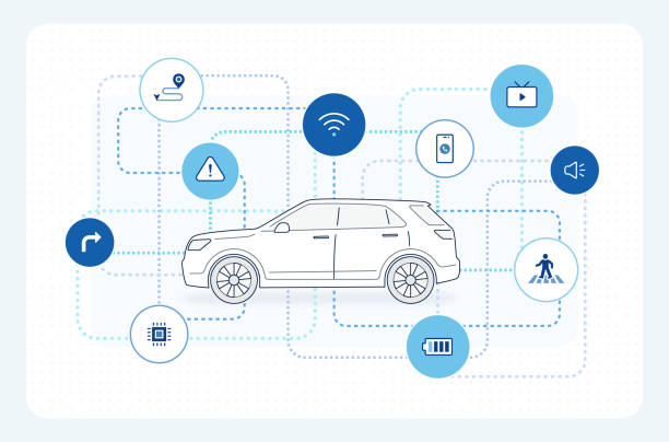 self-driving car: autonomous driving icons electric vehicle, driverless car technology, SUV car side view. vector illustration semiconductor illustrations stock illustrations