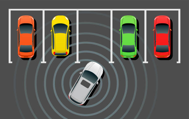 Self-driving Smart Car Auto Parking Self-driving Smart Car Auto Parking parking stock illustrations