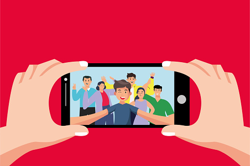 Selfie concept with phone front camera. Group selfie vector on smartphone. Photo portrait of friendly youth team, friends take photo on phone camera or young character taking friendship selfies on phone. Cartoon vector illustration.