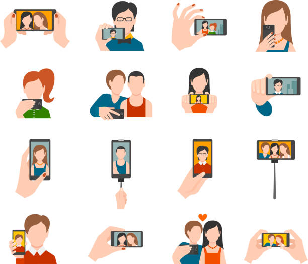 selfie icons flat Selfie icons flat set with people taking photo portraits isolated vector illustration holding photos stock illustrations