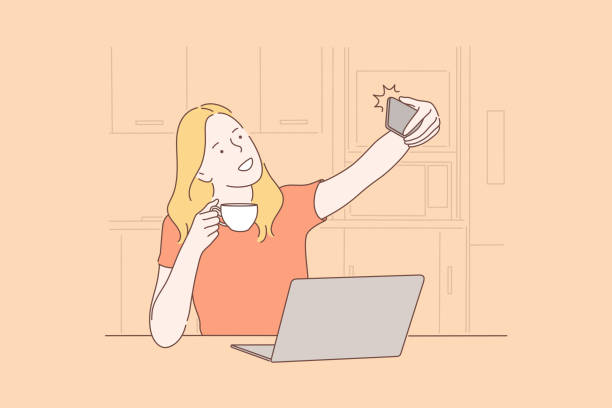 illustrazioni stock, clip art, cartoni animati e icone di tendenza di selfie indoor, giovane donna che scatta foto concetto - selfie