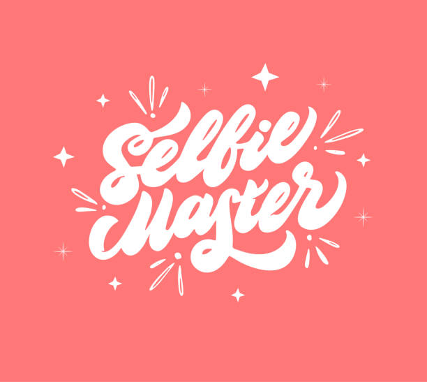 Selfie master quote. Self photo phrase, youth slogan lettering isolated Selfie master quote. Self photo phrase, youth slogan lettering isolated on pastel pink background. Creative calligraphic typography. Girlish sticker idea, social media post design template, printable card or trendy t shirt, textile print selfie patterns stock illustrations