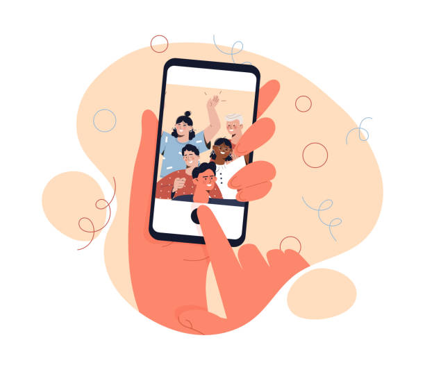 Selfie on smartphone Selfie on smartphone. Character looking at photo with friends. Social media and posts, materials and communication on Internet. Modern technologies and digital world. Cartoon flat vector illustration friendship photos stock illustrations