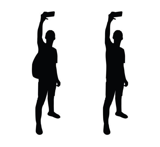 illustrazioni stock, clip art, cartoni animati e icone di tendenza di selfie posa uomo silhouette - selfie