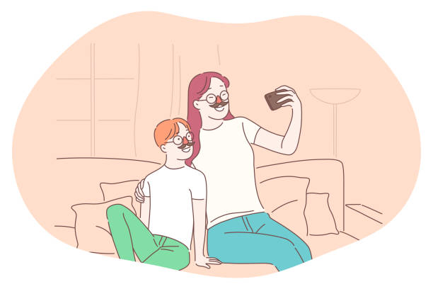Selfie, smartphone, photograph, camera vector illustration Selfie, smartphone, photograph vector illustration. Smiling mother and son in decorative funny moustache making selfie on smartphone for sharing. Lifestyle, photo, shot, sharing, stories, online sharing photos stock illustrations