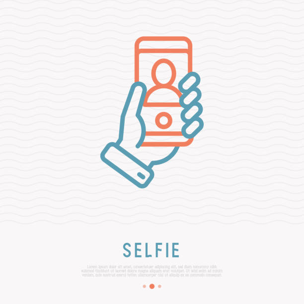 illustrations, cliparts, dessins animés et icônes de icône de selfie de ligne mince. main tenant smartphone avec la silhouette. illustration vectorielle moderne. - selfie