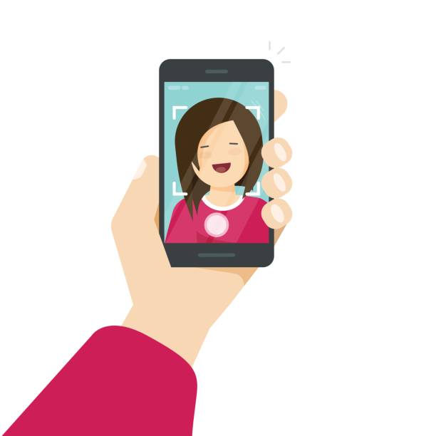 Selfie via smartphone, photo of yourself vector illustration, flat cartoon young happy girl with mobile phone in hand making self photo clipart isolated on white Selfie via smartphone, photo of yourself vector illustration, flat cartoon young happy girl with mobile phone in hand making self photo clipart isolated on white background selfie clipart stock illustrations