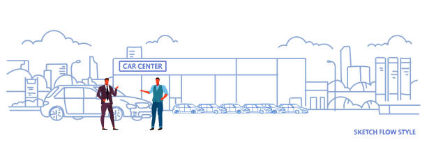 sprzedawca człowiek z kupującym samochód kupić sprzedaż wynajem samochodów koncepcji dealerskiej centrum salonu budynku na zewnątrz nowych nowoczesnych pojazdów cityscape szkic przepływu styl poziomy baner - car dealership stock illustrations