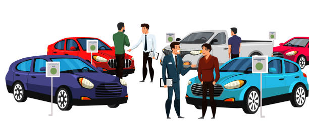 araba showroom satıcılar ve potansiyel alıcılar grubu - car dealership stock illustrations