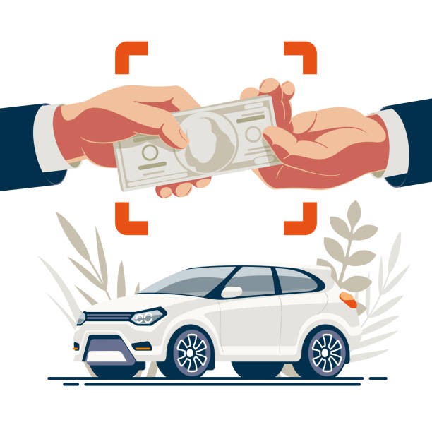 Selling Car Hands Transferring Money Moment of purchase of the car by the buyer and transfer of money from hands to hands against the background of the vehicle. used car sale stock illustrations