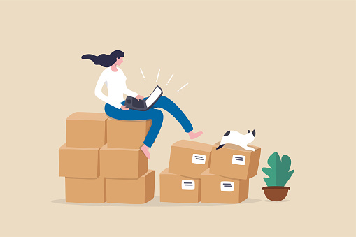 Selling product online, e-commerce or internet shopping, small business or entrepreneurship concept, success woman entrepreneur receive order from computer sitting with box parcel ready to ship.