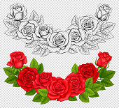 Set of Semicircular Compositions of Colored Red Roses and Outline Roses. Vintage Flowers. Vector Illustration Isolated on the Imitation of Transparent Background