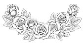 Semicircular Composition of Vintage Hand-Drawn Roses. Black and White Engraved Illustration in Retro Style. Vector Image Isolated on the White Background