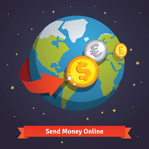 ilustrações de stock, clip art, desenhos animados e ícones de envie dinheiro conceito online - notas euros voar