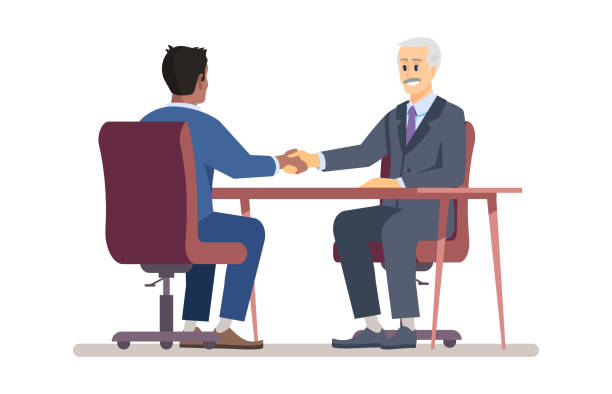 Senior boss hiring employee flat vector illustration. Employer handshaking with new worker, job seeker cartoon characters. Top manager, recruiter and vacancy candidate. Successful job interview Senior boss hiring employee flat vector illustration. Employer handshaking with new worker, job seeker cartoon characters. Top manager, recruiter and vacancy candidate. Successful job interview job interview stock illustrations