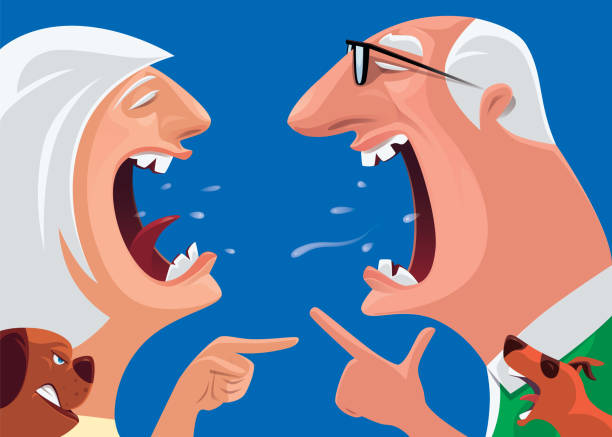 senior couple arguing and pointing vector illustration of senior couple arguing and pointing old man crying stock illustrations