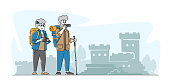 Senior Tourist Couple Characters Making Picture of Ancient Architecture Landmark in Trip. Elderly People Traveling with Photo Camera and Luggage Backpack in Foreign Country. Linear Vector Illustration