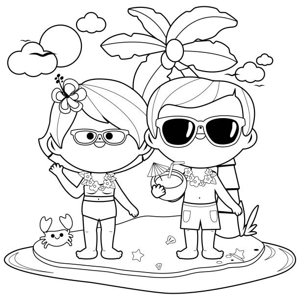 Senior couple on an island vacation. Vector black and white coloring page Elderly couple at tropical beach on an island. Vector black and white coloring page black and white hibiscus cartoon stock illustrations