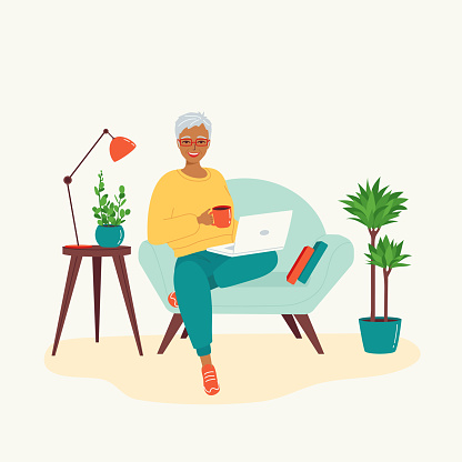 Senior gray-haired woman sitting with a laptop in a chair. Concept of using modern technologies by the elderly, retirees. Remote work from home, retraining, e-learning. Vector illustration